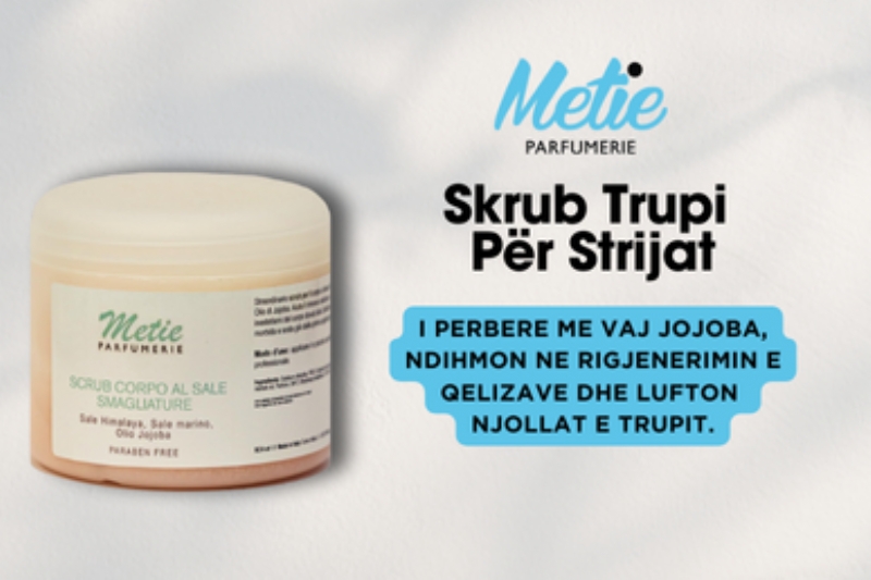 Skrub Trupi per Strijat, Metie Parfumerie, Skrub per strija, Vaj jojoba, Eksfolim natyral, Lekure me e lemuar, gjenerim te Qeliza te reja, Zbutje e strijave, Rigjenerim, Trajtim barku, Tonifikim lekure,